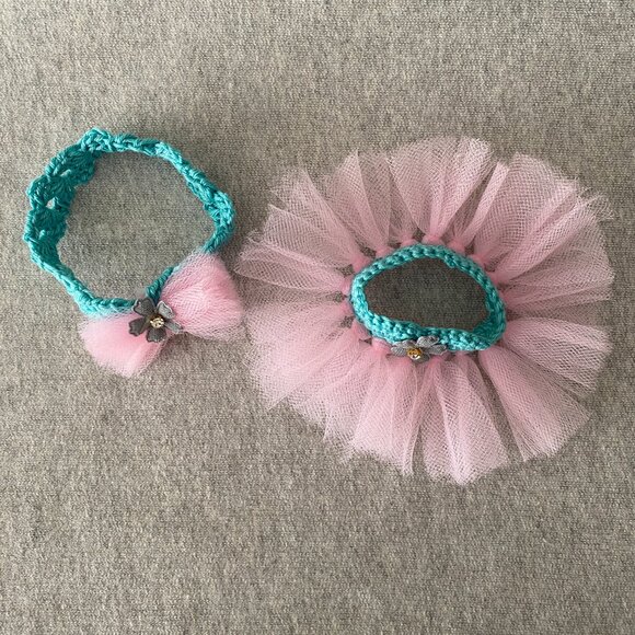 Handmade Crochet Blue Pink Sweetheart Neckline Tutu for 17cm Doll 2-Piece Set - Picture 5 of 6